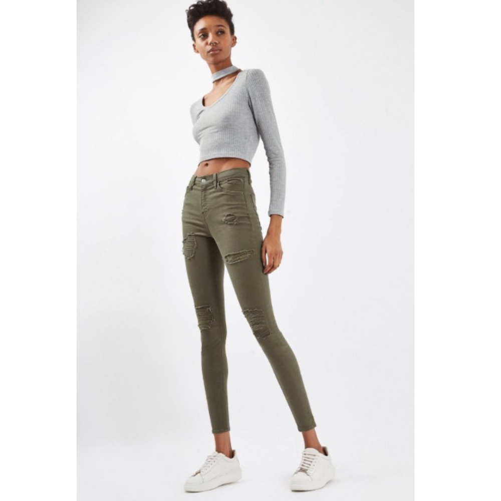 TOPSHOP Distressed Khaki Moto Jamie Jeans